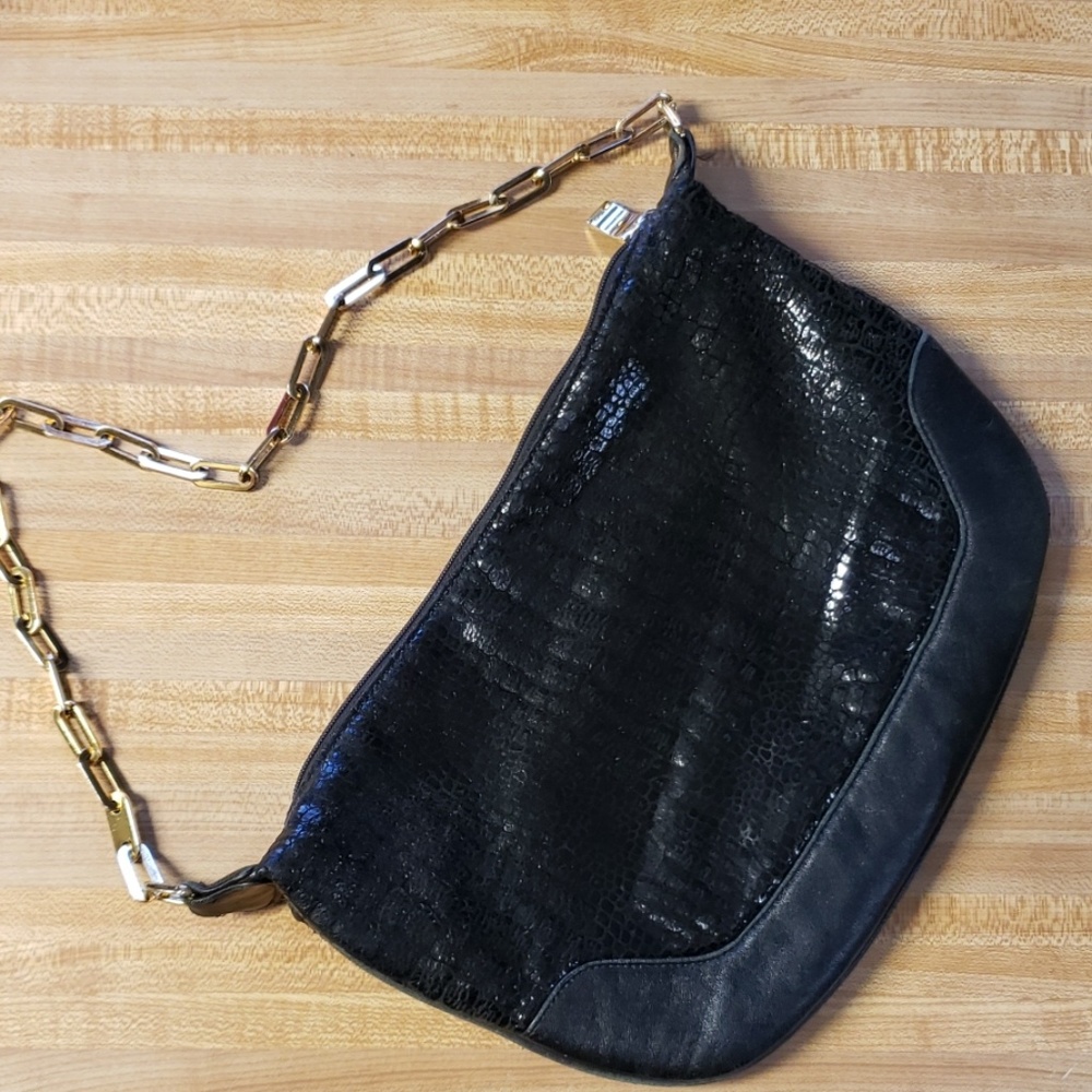 Cache gold chain black leather and snake print bag